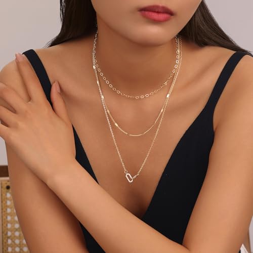 Evabelle Gold Layered Necklace for Women Trendy Jewelry 14K Real Gold Plated Chunky Chain Stackable Necklaces Dainty Choker Necklaces Rectangle Square Pendant - color: Gold Necklace 05