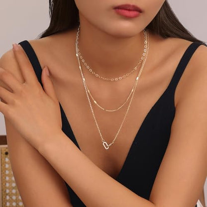 Evabelle Gold Layered Necklace for Women Trendy Jewelry 14K Real Gold Plated Chunky Chain Stackable Necklaces Dainty Choker Necklaces Rectangle Square Pendant - color: Gold Necklace 05