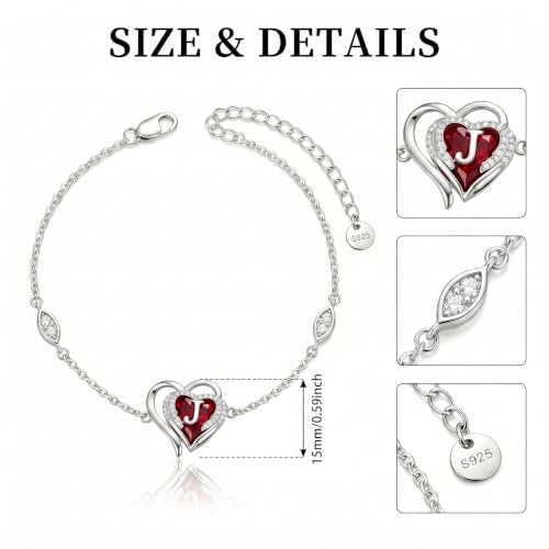 Initial Bracelet for Women 925 Sterling Silver Heart Angel Wings Initial Bracelet Anniversary Birthday Mothers Day Jewelry for Mom Her Wife - color: J