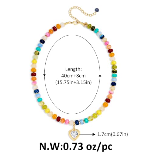 Boho Beaded Choker Necklaces for Women with A Gold Heart CZ - color: Colorful