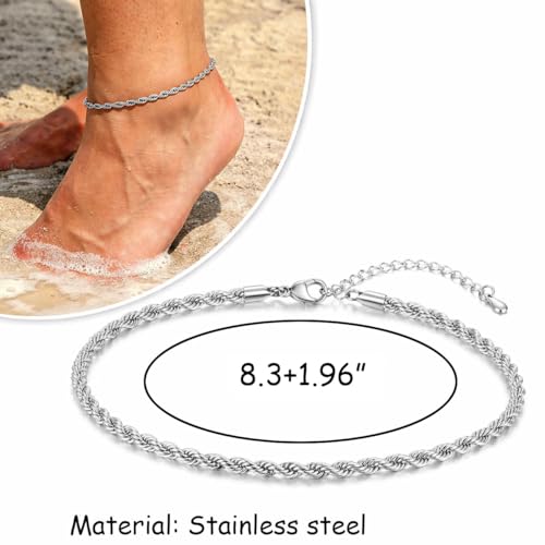PICNHUAN Gold/Silver Ankle Bracelets for Women 14K Gold Plated Women's Anklets Silver Cuban Chain Anklet Waterproof Stainless Steel Anklet Summer Beach Foot Chain Jewelry Gifts for Women - color: Silver/ Twist