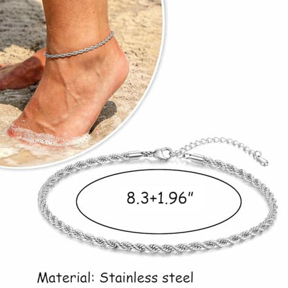 PICNHUAN Gold/Silver Ankle Bracelets for Women 14K Gold Plated Women's Anklets Silver Cuban Chain Anklet Waterproof Stainless Steel Anklet Summer Beach Foot Chain Jewelry Gifts for Women - color: Silver/ Twist