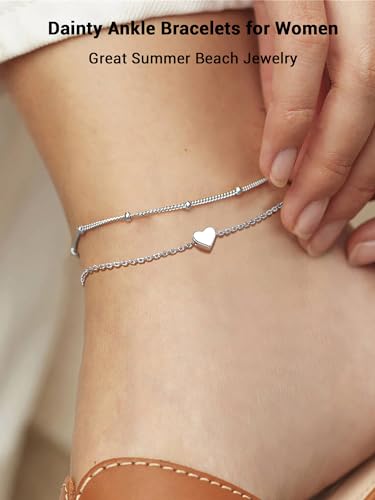 PROSILVER 925 Sterling Silver Ankle Bracelets For Women, Stylish Chain Anklets, Summer Beach Jewelry, 8.6-10.6 Inch Adjustable, Come with Box - style: 01-Heart Anklet-Layered