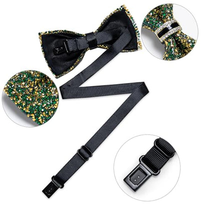 DiBanGu Mens Rhinestone Bow Tie with Ring and Lapel Pin Set | Adjustable Strap,Pre-tied Style,3PCS,Sequin Diamond Bowties，Solid/Mix Color,Shiny Accessory,for Party Prom Banquet Wedding - color: Green and Yellow