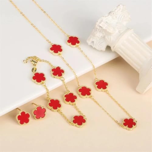14K Gold-Filled Clover Necklace For Women - Classic Five-Leaf Flower Set Bracelet Necklace Earrings Jewelry Set, Five Leaf Clover Necklaces Dainty Lucky Clover Jewelry - color: Red - Clover Necklace