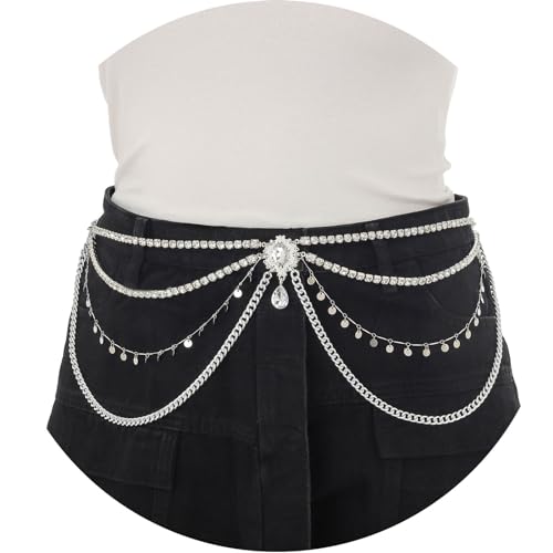 ELABEST Rhinestone Layered Chain Belt Sequin Waist Chain Body Chain Jewelry for Women - style: Silver