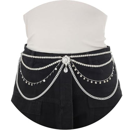 ELABEST Rhinestone Layered Chain Belt Sequin Waist Chain Body Chain Jewelry for Women - style: Silver