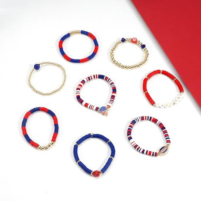 Ardorchid Halloween Bracelets for Women Pumpkin Ghost Steleton Bat Skull Beaded Stackable Stretchy Bracelet Rugby Thanksgiving Christmas Heishi Bracelets - color: Game Day-Blue&Red
