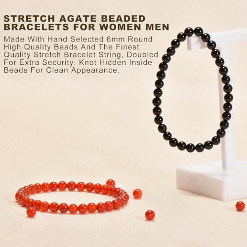 2PCS Agate Bracelet for Women Men Natural Round Beaded Agates Stone Healing Stretch Bracelets Elastic Handmade Polished Gemstone Beads Bracelet - color: Black+Red, size: 6mm Beads