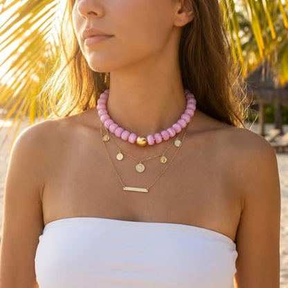Badu Colorful Chunky Beaded Choker Necklace, Acrylic Colorful Bead Statement Necklaces, Adjustable Summer Beach Jewelry Gift for Women - color: Pink