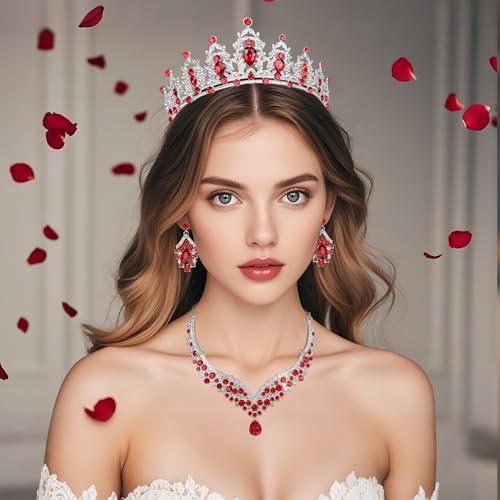 Crowns and Tiaras jewelry sets for Wedding princess birthday party Halloween Prom Pageant Jewelry for Women Crystal Bridal Jewelry Set for women - color: Silver Red
