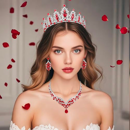 Crowns and Tiaras jewelry sets for Wedding princess birthday party Halloween Prom Pageant Jewelry for Women Crystal Bridal Jewelry Set for women - color: Silver Red