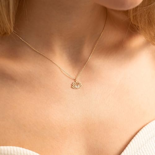 HANLI 14K Gold Plated Necklaces for Women - Dainty Butterfly, Star of David, Moon and Star, Sun, Lotus, Infinity, Hummingbird, Bee,Boots,Chill,Sunflower Pendant Designs - Elegant Jewelry for Women - color: Lotus