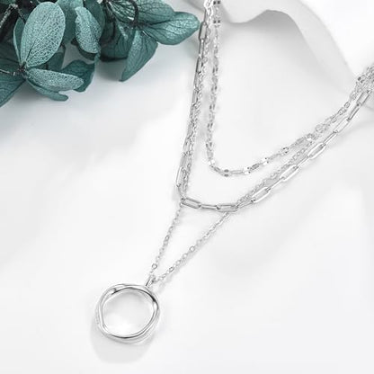 MONGAS Boho Layered Necklace Sterling Silver Triple 3 Stacked Vertical Bar Triangle Long Layering Necklaces Christmas Jewelry Gifts for Women - style: Circle-A