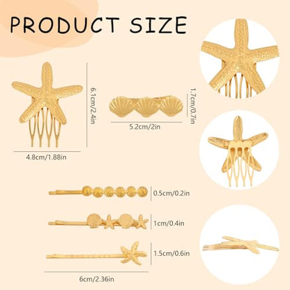 Wecoe Gold Starfish & Seashell Metal Hair Clips Side Comb Set Fancy Decorative Bobby Pins – Beach Wedding Hair Accessories for Women