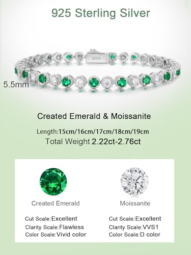 D Color VVS1 Clarity Moissanite and Genuine Sapphire/Emerald/Ruby Tennis Bracelets for Women 2.22ct-10.45ct, Solid 925 Sterling Silver, Anniversary Wedding Valentines Jewelry for Her, Length 5.9-7.5 Inch(15-19cm) - color: Moissanite & Emerald (3.4 - 4.2 C