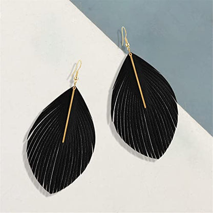 Bohemian Handmade Lightweight Color Large Genuine Soft Leather Fringe Feather Leaf Tear Dangle Drop Earrings for Women Statement - color: Black