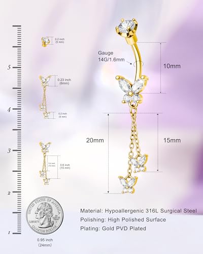 Cute Belly Button Rings Dangle 14G Butterfly Belly Button Piercing for Women Gold Navel Ring 316L Surgical Steel Navel Piercing Jewelry - color: Gold