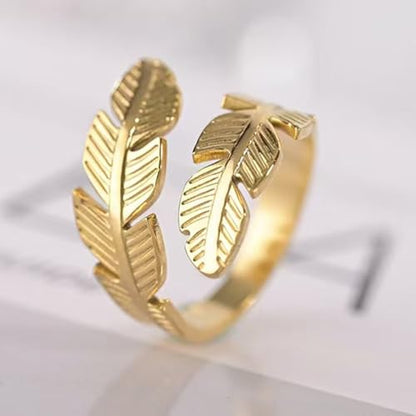 Adjustable Stainless Steel Feather Leaf Ring for Women Men - color: Gold