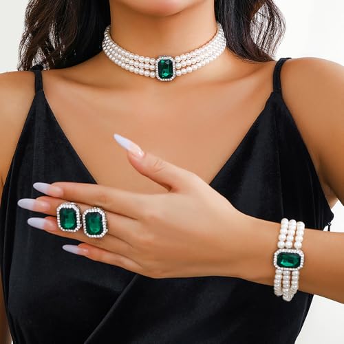 Wekicic Faux Pearl Necklace Earrings Set for Women Crystal Pearl Choker Necklace Bracelet Set 1920s Jewelry for Wedding Party - color: Green