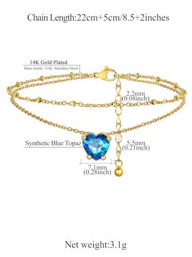 FindChic Bling Heart Birthstone Anklets Layered Beaded Ankle Bracelets for Women Gold/Black/Silver 12 Month Gem Colors Foot Chain Summer Jewelry for Girls, with Gift Box - color: Gold, style: 12. Dec.-Created Blue Topaz(Prong Setting)