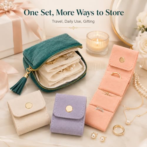 Jewelry Zippered Pocket Case Set with 3 Mini Foldable Jewelry Rolls (Off White) - color: Off White