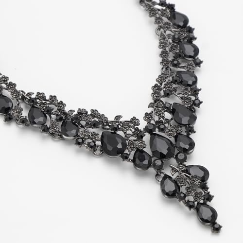 Bridal Bridesmaid Austrian Crystal Jewelry Set, Floarl rhinestone Statement Neckace Teardrop Necklace Drop Dangle Earrings Set - color: Black