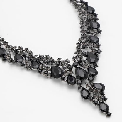 Bridal Bridesmaid Austrian Crystal Jewelry Set, Floarl rhinestone Statement Neckace Teardrop Necklace Drop Dangle Earrings Set - color: Black