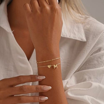 Gold Initial Bracelets for Women Trendy, Dainty Layered 14K Gold Plated Heart Letter Charm Bracelets, letter beads for name bracelets Jewelry Gifts - color: Gold-M
