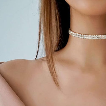 HERIER Tennis Necklace for Women 14K Gold Plated or Silver Rhinestone Choker Necklaces Dainty Zirconia Cut Faux Diamond chain 3mm - color: Silver-2 row tennis