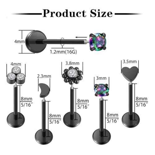 Uni-J 10pcs 20G/18G/16G Threadless Push-in Tragus Conch Cartilage Flat Back Helix Labret Monroe Lip Ring Daith Piercing Jewelry - color: 16G Black 8mm