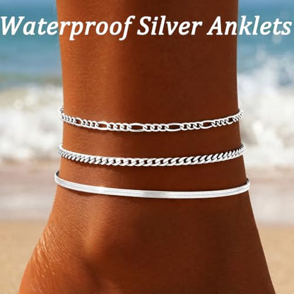 Waterproof Ankle Bracelets for Women,14k Gold Plated Hypoallergenic Layered Stackable herringbone Cuban Link Chain,Adjustable Beach Anklets Bracelets for Women Gift 3pc Sets - color: Silver