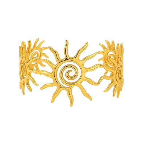 Chunky Gold Sun Cuff Bracelet for Women – Boho Spiral Sun Statement Jewelry, Stainless Steel Adjustable Wide Metal Bangle for Holiday Fashion - color: Gold