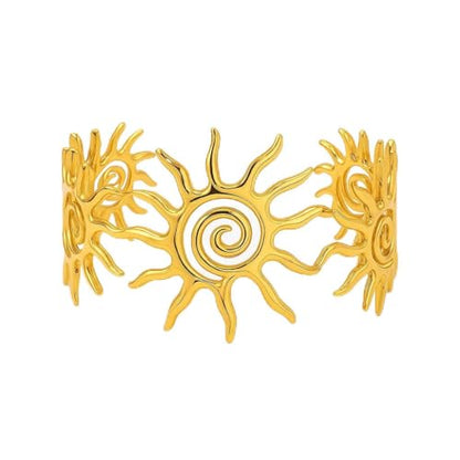 Chunky Gold Sun Cuff Bracelet for Women – Boho Spiral Sun Statement Jewelry, Stainless Steel Adjustable Wide Metal Bangle for Holiday Fashion - color: Gold