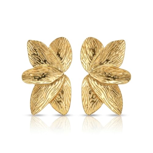 Chunky Gold Plated Flower Statement Drop Earrings for Women | Hypoallergenic 18K Gold Plated Textured Petal Wing, Large Statement Dangle Earrings for Wedding Party - color: Fan Shaped Petal