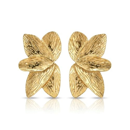 Chunky Gold Plated Flower Statement Drop Earrings for Women | Hypoallergenic 18K Gold Plated Textured Petal Wing, Large Statement Dangle Earrings for Wedding Party - color: Fan Shaped Petal