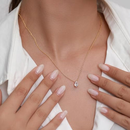 Dainty Necklace - 14K Gold/White Gold Plated Solitaire Tiny Pear Cut Teardrop Cubic Zirconia Necklace,Cubic Zirconia Accented Cross/Snowflake/Polaris North Star/Clover/Leaf/Flower Design Pendant Necklace for Women 16.5”+2” - color: Silver, style: Silver P