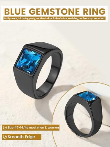 KeyStyle Square Gemstone Signet Rings for Men, Personalized Stainless Steel Pinky Ring with Black Onxy Blue Topaz Birthstone Statement Ring - color: Black - Blue Topaz - 8mm