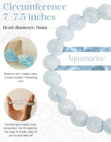 Natural Stone Beaded Bracelets for Men Women, 4mm 6mm 8mm | Healing Crystal, Protection Gemstone, Gift Packaging with Energy Card, Stretch Jewelry, Replacement Beads Included, 18 Stone - color: Aquamarine(Emotional Balance), size: 8mm
