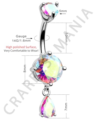 Belly Button Ring Dangle Belly Rings 316L Surgical Steel Belly Button Piercing Jewelry Teardrop Navel Ring for Women - color: Silver-ABCZ-10mm