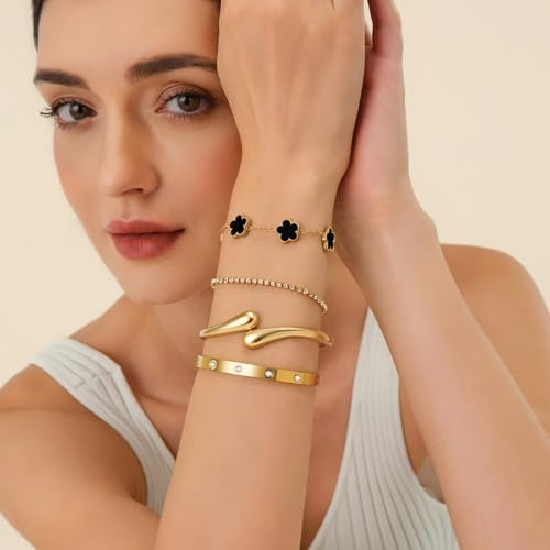 Mothers Day Gifts for Mom 18K Gold-Plated Bracelet Set – Floral Clover, Tennis, Chunky Adjustable Twist Cuff, Classic Gold-plated Bangle Stainless Steel, Non Tarnish, Stackable Bracelet Gift for Women - style: YR floral black