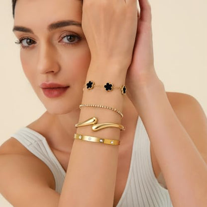 Mothers Day Gifts for Mom 18K Gold-Plated Bracelet Set – Floral Clover, Tennis, Chunky Adjustable Twist Cuff, Classic Gold-plated Bangle Stainless Steel, Non Tarnish, Stackable Bracelet Gift for Women - style: YR floral black