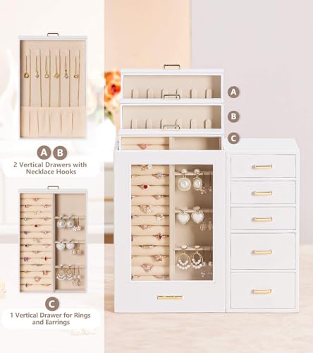 Homde Large Jewelry Box/Organizer/Case with Glass Window, Drawers for Necklaces Earrings Rings Bracelets Watches Gift for Women Girls - color: White