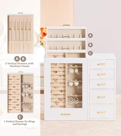 Homde Large Jewelry Box/Organizer/Case with Glass Window, Drawers for Necklaces Earrings Rings Bracelets Watches Gift for Women Girls - color: White