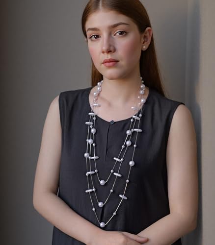 Errally Long Pearl Necklace and Earring Set Layered Pearl Beaded Necklaces for Women White Costume Jewelry Sets Gifts for Mom - color: Disc Shaped