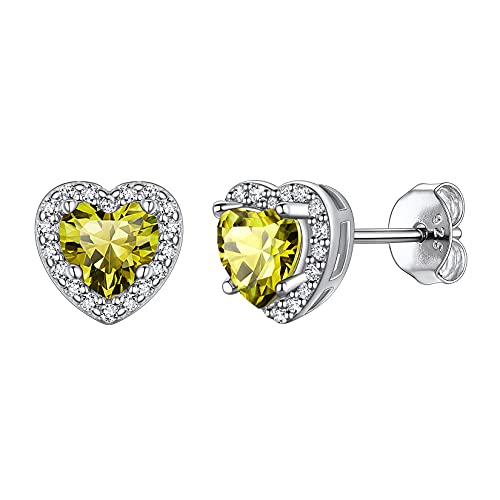 Suplight 925 Sterling Silver Birthstone Stud Earrings for Women, Round/Heart/Teardrop/Square Crystal Diamond Earrings for Women, Dainty Birthday Gifts Jewelry - color: style b-08. heart-August(Created Peridot)