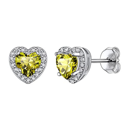 Suplight 925 Sterling Silver Birthstone Stud Earrings for Women, Round/Heart/Teardrop/Square Crystal Diamond Earrings for Women, Dainty Birthday Gifts Jewelry - color: style b-08. heart-August(Created Peridot)