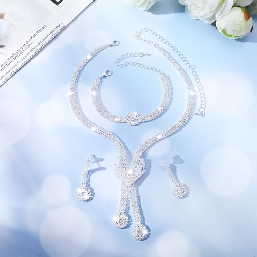 Silver Rhinestone Jewelry Set for Women - Rhinestone Necklace Crystal Dangle Earrings Bracelet Set, Bling Wedding Formal Costume Jewelry Sets for Women and Brides
