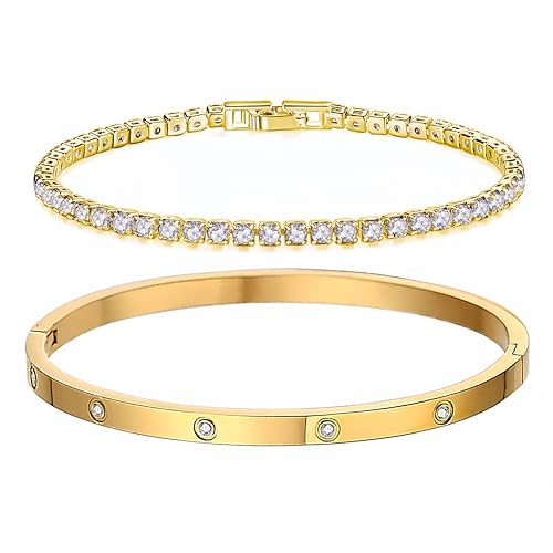 18K Gold Plated Dainty Tennis Bracelets Set 4mm/6mm Love Bangle Bracelets with 3mm/4mm Cubic Zirconia Classic Tennis Bracelet| Gold Bracelets for Women | Size 6.5/7/7.5 Inch - color: 3mm&4mm Gold Tennis Bangle, size: 7 Inches