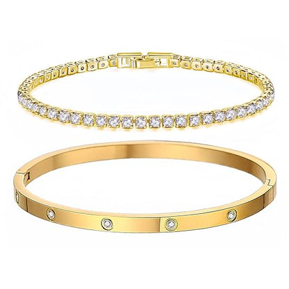 18K Gold Plated Dainty Tennis Bracelets Set 4mm/6mm Love Bangle Bracelets with 3mm/4mm Cubic Zirconia Classic Tennis Bracelet| Gold Bracelets for Women | Size 6.5/7/7.5 Inch - color: 3mm&4mm Gold Tennis Bangle, size: 7.5 Inches